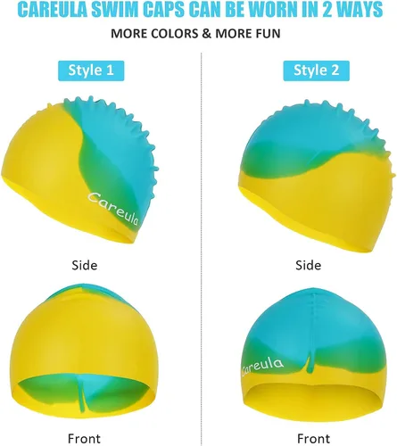 Miniatura 6 de Gorro de natación, paquete de 2 gorras de natación de silicona duraderas para niños, niñas, niños y jóvenes (edad 2-12), suaves 3D ergonómicos