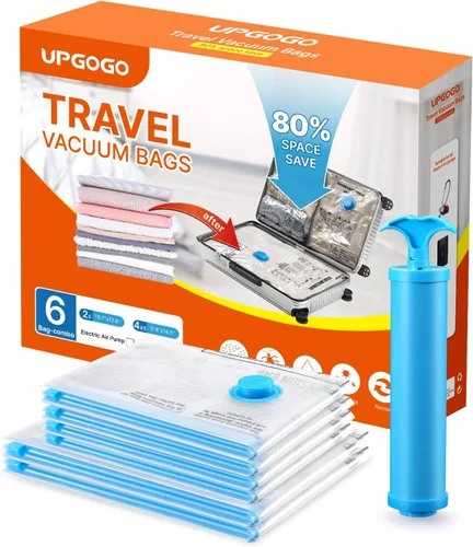 Miniatura 7 de UPGOGO Bolsas de vacío para viajes, paquete de 12 con bomba de mano, bolsas de almacenamiento al vacío que ahorran espacio, artículos esenciales