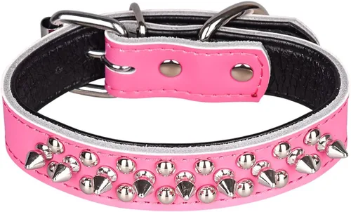 Miniatura 9 de Serijoars Collares ajustables de cuero genuino con tachuelas para mascotas pequeñas, medianas y grandes, Pit Bull, Bulldog, Pugs, Husky (M, morado)