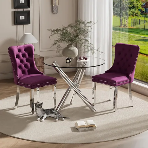 Miniatura 52 de Juego pequeño de mesa redonda con tapa de vidrio transparente para 2, 36'' Juego moderno de lujo para cenas circulares, 3 piezas Juego minimalista