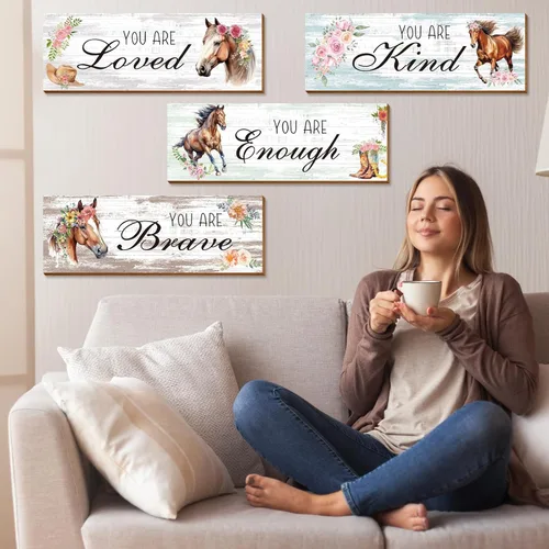 Miniatura 6 de Thrist Decoración de pared con temática de caballo de vaquera, 4 piezas de madera inspiradora de vaquera, arte de pared de caballo, pintura amada