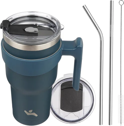 Miniatura 26 de Konokyo - Vaso de 10 onzas con asa y 2 popotes, 2 tapas, botella de agua aislada de acero inoxidable, taza de viaje reutilizable, color verde militar