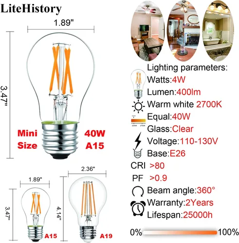 Miniatura 4 de LiteHistory Bombilla LED A15 regulable de 4 W igual a 40 W, bombilla LED E26, AC120V, bombilla LED vintage Edison para bombillas de ventilador