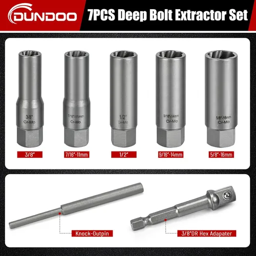 Miniatura 2 de Kit de 7 piezas extractor de pernos, juego extractor de pernos dañados, juego Easy Out largo y profundo, herramienta de dado para tuercas de rueda