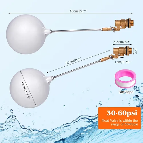 Miniatura 3 de Válvula de flotador Válvula de bola de latón de 1/2 pulgada Brazo ajustable para ganado Canal de agua Tanque de stock Llenado automático para agua