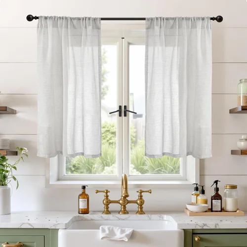 Miniatura 110 de BGment Cortinas de lino café de 30 pulgadas de largo para ventana pequeña, cortinas de media ventana beige semitransparentes ligeras con bolsillo