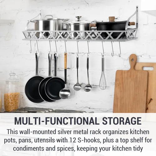 Miniatura 4 de MyGift Estante para ollas y sartenes de cocina de metal plateado montado en la pared con 12 ganchos en S extraíbles, almacenamiento de utensilios