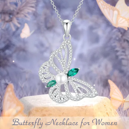 Miniatura 3 de Zoeniya Collares de mariposa para mujeres y niñas, joyería de plata de ley, collar de perlas cultivadas de agua dulce con circonita cúbica, regalo