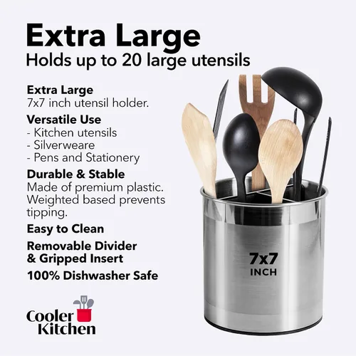 Miniatura 5 de Cooler Kitchen Portautensilios Giratorio Extra Grande de Acero Inoxidable con Base Pesada Estable Anti-Volcado, Divisor Extraíble, e Inserto Plateado