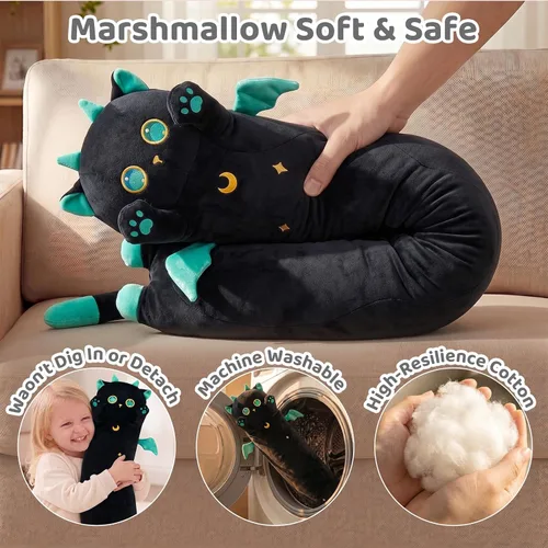 Miniatura 8 de Mewaii Peluche de gato largo, 5 tamaños, 120% relleno extra, almohada gigante para el cuerpo de los niños, lindo peluche Kawaii de ojos grandes