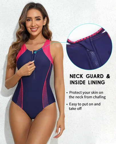 Miniatura 2 de beautyin Traje de baño de una pieza con cremallera frontal para mujer, traje de baño atlético con espalda cruzada