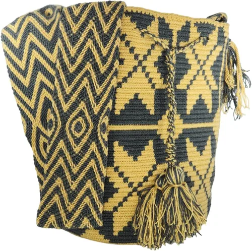 Miniatura 3 de Bolso Wayuu hecho a mano colombiano con diseño de camello y multicolor, Gris Amarillo, Bolso hecho a mano Wayuu