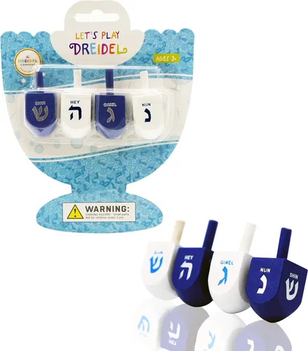 The Dreidel Company Dreidels de Hanukkah de madera maciza azul y blanco, pintados a mano con transliteración en inglés, incluye tarjetas de