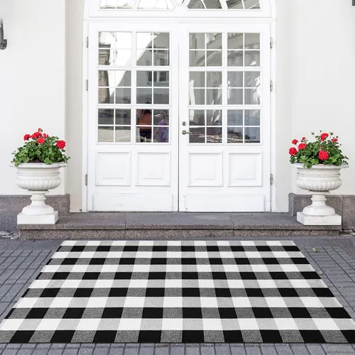 Miniatura 28 de Alfombra de Exterior de Cuadros Buffalo 2x3 pies, Alfombra Tejida de Algodón Negro y Blanco Roto, Tapetes para Puerta de Porche Frontal, Alfombra