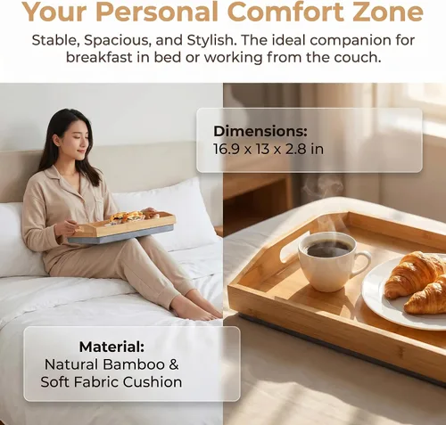 Miniatura 5 de Cedilis Bandeja de regazo de bambú con almohada desmontable, bandeja de servir de 16.9 x 13 pulgadas con asas para comer en la cama