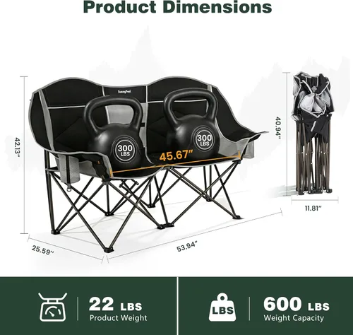 Miniatura 3 de SUNNYFEEL Silla de campamento doble portátil plegable para 2 adultos, sofá de campamento de gran tamaño resistente de 600 libras con portavasos