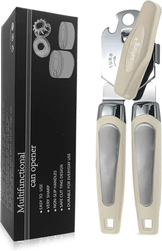 Miniatura 10 de Safring Abrelatas manual, de mano de acero inoxidable resistente y resistente, mango cómodo, borde liso de hoja afilada, abrelatas con abrebotellas