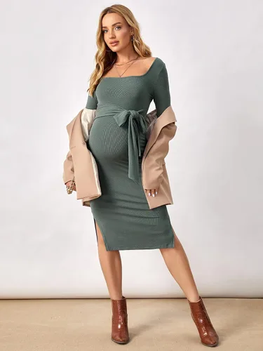 Miniatura 5 de OYOANGLE Vestido midi ajustado de manga larga con nudo frontal y cuello cuadrado para mujer