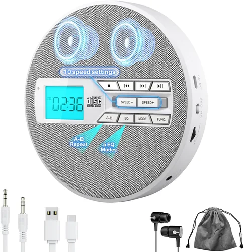 Miniatura 2 de Reproductor de CD portátil, reproductor de CD portátil recargable con altavoces duales y anti salto, CD, USB, AUX, pantalla LCD, botón sensible, 5