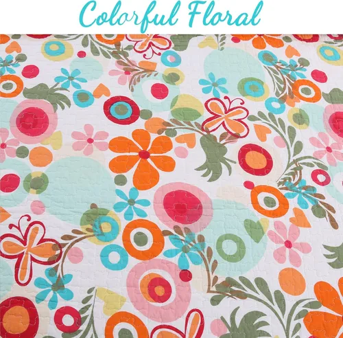 Miniatura 3 de Cozy Line Home Fashions Juego de ropa de cama reversible para niña, color rosa, verde, azul, naranja, colorido, floral, fantasía, colcha