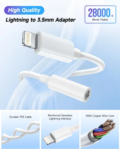 Miniatura 3 de Adaptador Lightning a conector de auriculares de 0.138 in con certificación MFi de Apple, calidad de audio premium y chip DAC para escuchar música