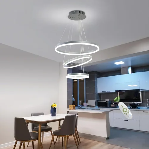 Lámpara colgante LED plateada, lámpara de araña moderna regulable de 3 anillos con control remoto para comedor de techo alto