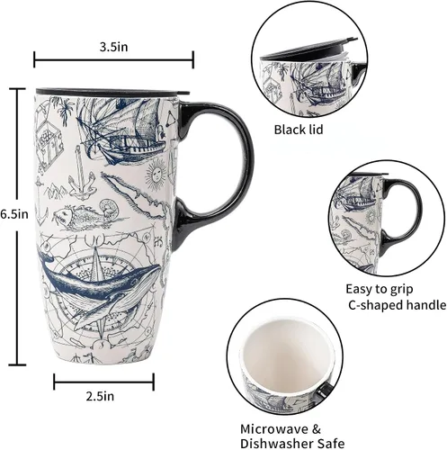 Miniatura 6 de Taza de cerámica Topadorn de porcelana para café con leche y té con caja de regalo, 17oz. Taza de viaje con tapa, estilo de navegación vintage Azul
