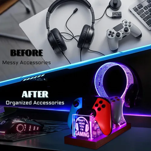 Miniatura 4 de YuanDian Gamer Gifts for Teenage Boy, Can't Hear You I'm Gaming Headset and Controller Stand, Acrylic Wooden Controller Holder with Blue Pink LED