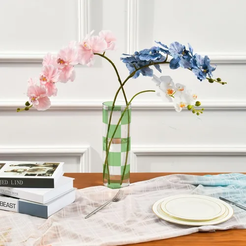 Miniatura 3 de Florero de plástico a cuadros americanos verdes y blancos para flores, 11.8 x 3.9 pulgadas, jarrón decorativo para boda, estante de entrada moderno