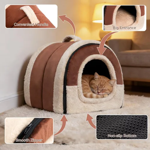 Miniatura 5 de Hollypet Cama para gatos autocalentable 2 en 1, plegable, cueva, cabaña, nido para mascotas, condominio para mascotas de terciopelo de cristal