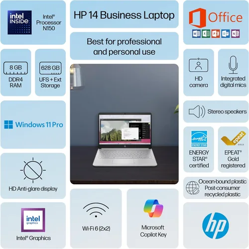 Miniatura 3 de HP Ultrabook 14 Laptop Computer para negocios y estudio en el hogar 2025, MS Office de por vida + Windows 11 Pro, CPU Intel Quad-Core, 8 GB RAM