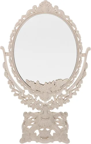 Espejo de maquillaje giratorio ovalado retro, rotación de 360 grados, espejo de escritorio vintage con marco floral, espejo de tocador para encimera