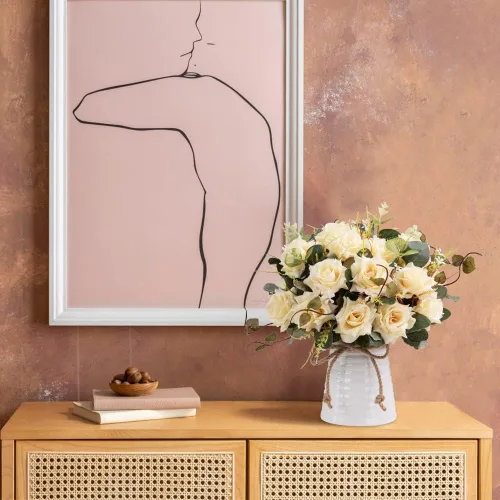 Miniatura 7 de LESING Rosa artificial con jarrón, ramos de flores de seda falsas en jarrón, arreglo de centro de mesa para cocina, sala de estar (champán-1)