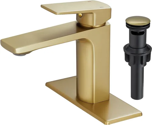 VOTON - Grifo de fregadero de baño de oro cepillado con una sola manija y desagüe desplegable para lavabo de 1 agujero o 3 agujeros con placa de