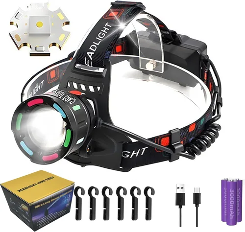 Miniatura 9 de Linterna frontal recargable 150000LM lámpara de cabeza brillante, 40H Cable Tipo-C linterna frontal ajustable para exteriores, 4 modos de luces