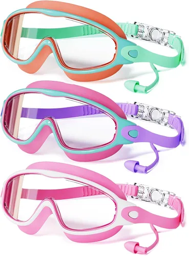 Miniatura 15 de Paquete de 3 gafas de natación para niños, con tapones para los oídos, marco grande, antivaho, UV, visión amplia, para niños y niñas de 4 a 12 años