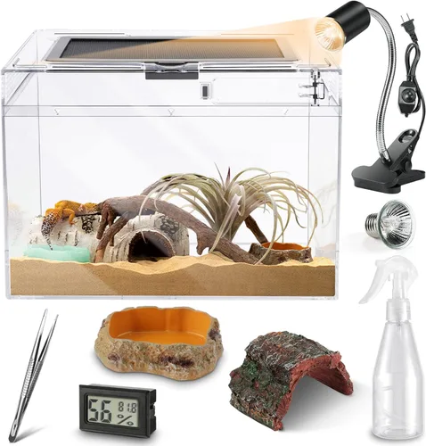 HELIME Kit de terrario de policarbonato para reptiles, 7 piezas, hábitat para tarántula, lagartos, ranas, geckos o cangrejos ermitaños, tanque con