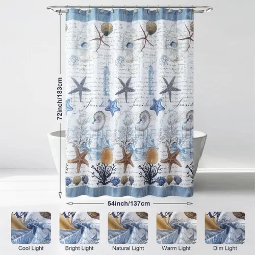 Miniatura 6 de Cortina de ducha náutica costera de tela, cortina de ducha de conchas marinas y estrella de mar de tema azul de playa y océano para baño, cortinas