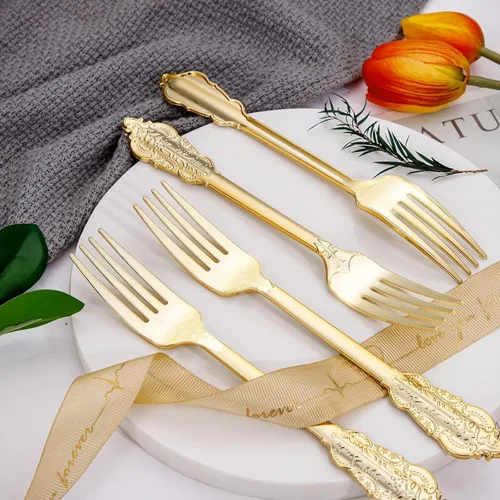 Miniatura 4 de WDF 100 tenedores dorados desechables, tenedores de plástico dorado de 7.48 pulgadas, cubiertos de plástico barroco para pastel de postre