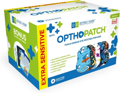 OPTHOPATCH Defined Vision - Parches para ojos para niños, diseño divertido para niños, 90+10 unidades, sin látex, algodón hipoalergénico, vendajes