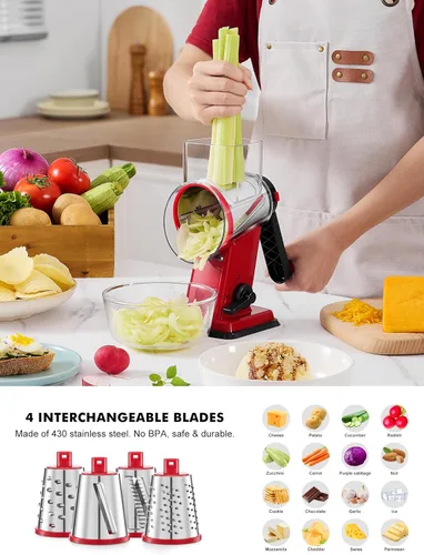 Miniatura 3 de Rallador de queso giratorio GDL con manivela manual - Rallador de queso mejorado con 4 cuchillas intercambiables, rallador giratorio con base de Rojo