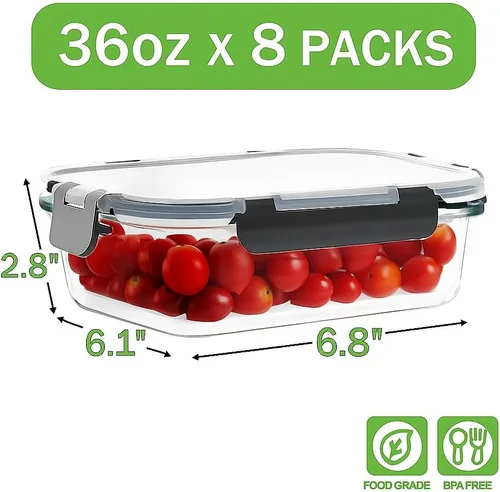 Miniatura 3 de Paquete de 8 recipientes de vidrio grandes para preparación de comidas de 36 onzas con tapas, recipientes de almacenamiento de alimentos de vidrio