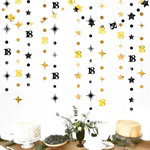 Miniatura 10 de Decoración de cumpleaños número 18 en negro, número 18 con punto circular, guirnalda de estrellas centelleantes, banderines de serpentina metálica