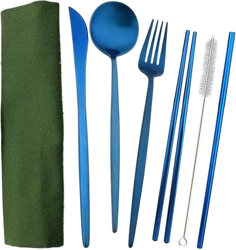 Miniatura 24 de JASHII El juego de cubiertos de viaje incluye cuchillo reutilizable, tenedor, cuchara, palillos, pajilla, utensilios ecológicos, utensilios de Azul