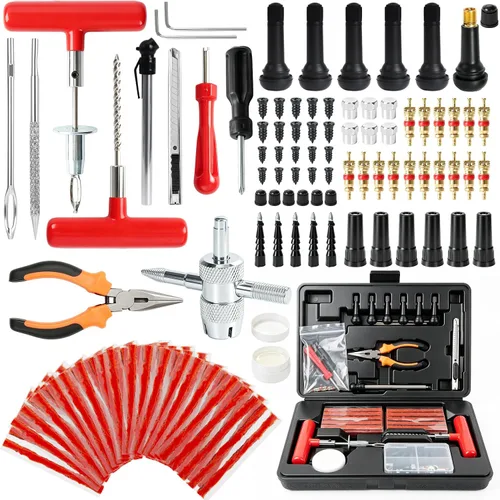 Tire Plug Kit, 130 PCS Tubeless Tire Repair Kit with Heavy-Duty Metal T-Handle Tools, Repair Strips, Screw-in Repair Plugs, Valve Stem Service