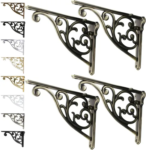 Miniatura 8 de Soportes de estante de 4 pulgadas, paquete de 4 soportes de pared de latón antiguo de alta resistencia, estantes decorativos de cocina victoriana