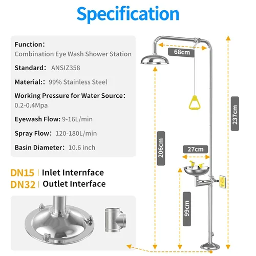Miniatura 7 de Combinación de ducha de lavado de ojos de emergencia, estaciones de lavado de ojos de seguridad, acero inoxidable 304 grado industrial y comercial