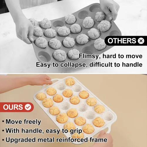 Miniatura 4 de CAKETIME Molde para mini muffins, molde para mini cupcakes con marco reforzado de metal, moldes para muffins de silicona antiadherentes con asa