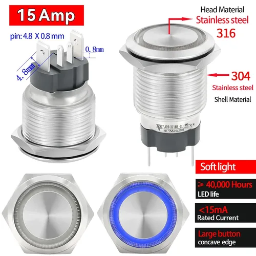 Miniatura 3 de Interruptor de botón de cierre de 15 amperios 19 mm 3/4 "agujero 12V/24V CC impermeable IP67 SPST de acero inoxidable 304 interruptor