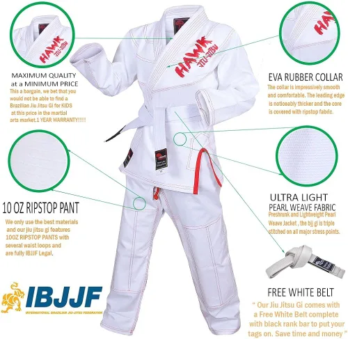 Miniatura 3 de Jiu Jitsu brasileño, para niños, Jiu Jitsu Gi Children BJJ Gi Grappling Kimonos, cinturón blanco ligero, Blanco